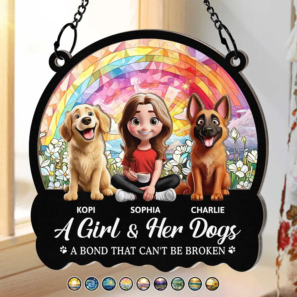 Personalized Wood and Acrylic Layered Ornament – ‘A Girl & Her Dogs’ Design, Vibrant Rainbow and Floral Background, Perfect Gift for Dog Lovers - Image 4