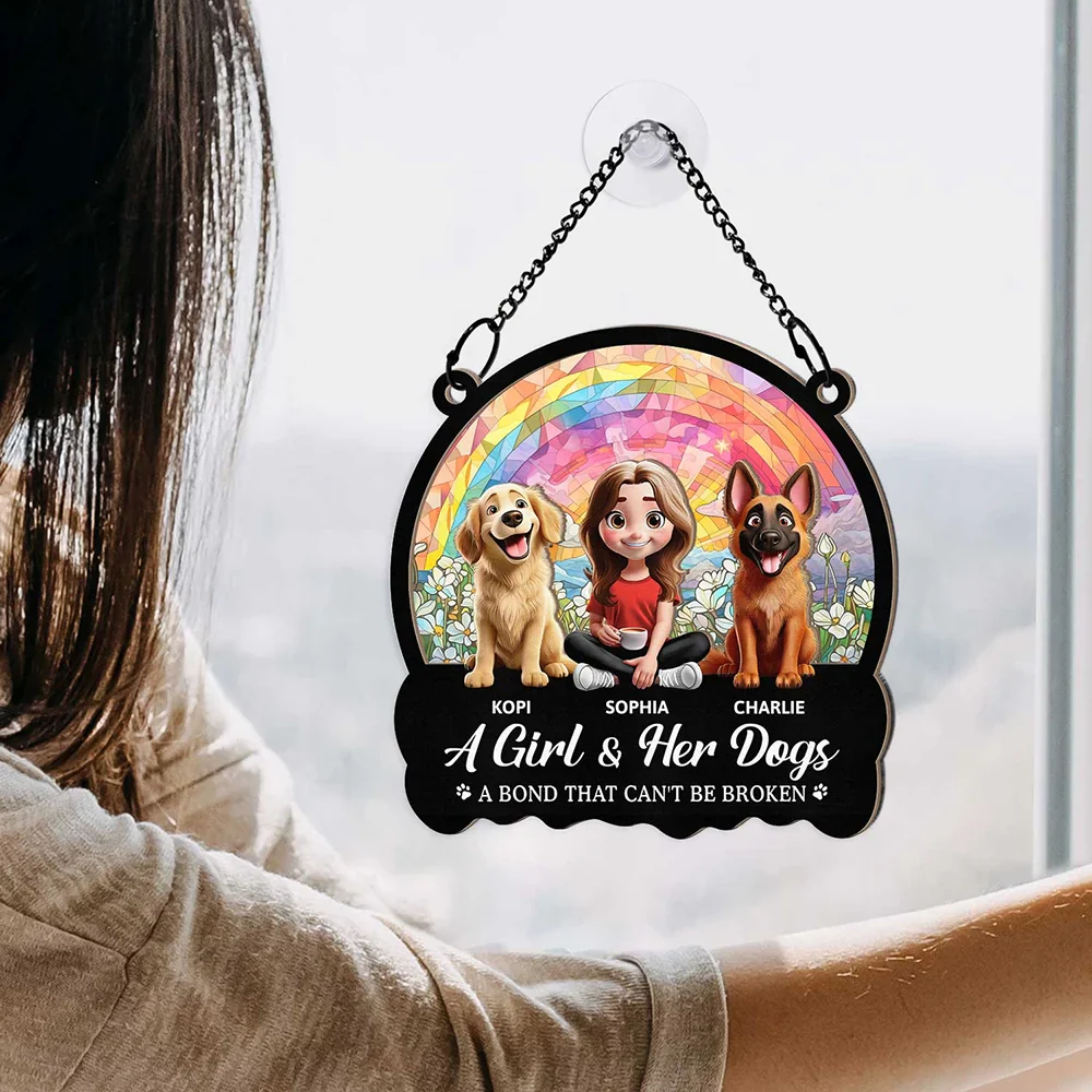 Personalized Wood and Acrylic Layered Ornament – ‘A Girl & Her Dogs’ Design, Vibrant Rainbow and Floral Background, Perfect Gift for Dog Lovers - Image 7