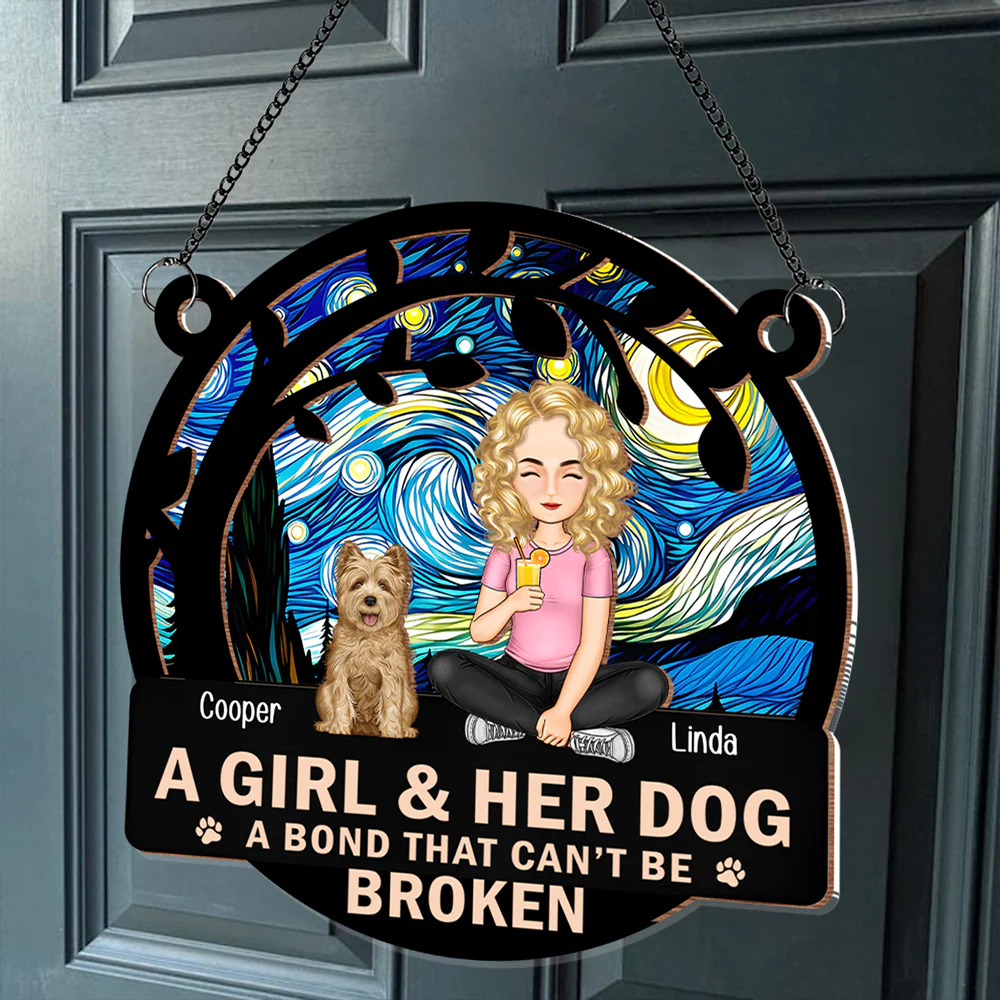 Personalized Wood and Acrylic Layered Ornament – A Girl & Her Dog, Custom Design with Starry Background and Pet Details, Sentimental Gift for Pet Lovers and Dog Moms, Perfect for Home Decor - Image 3
