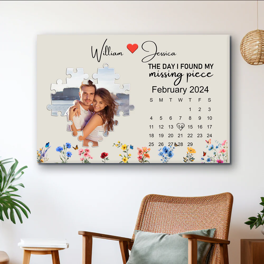 The Day I Found My Missing Piece – Customizable Couple's Poster, Gift for lover, with Puzzle Heart, Calendar, and Floral Details - Image 4