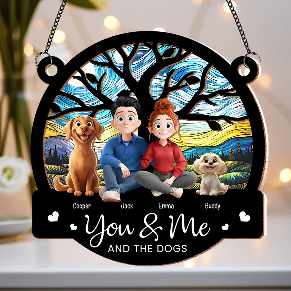 You & Me and the Dogs - Customizable Wood and Acrylic Layered Ornament, Ideal Gift for Couples and Pet Lovers