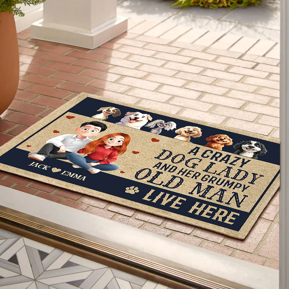 Custom Dog Lover Doormat – ‘A Crazy Dog Lady & Her Grumpy Old Man Live Here’ – Personalized Home Entry Mat - Image 2