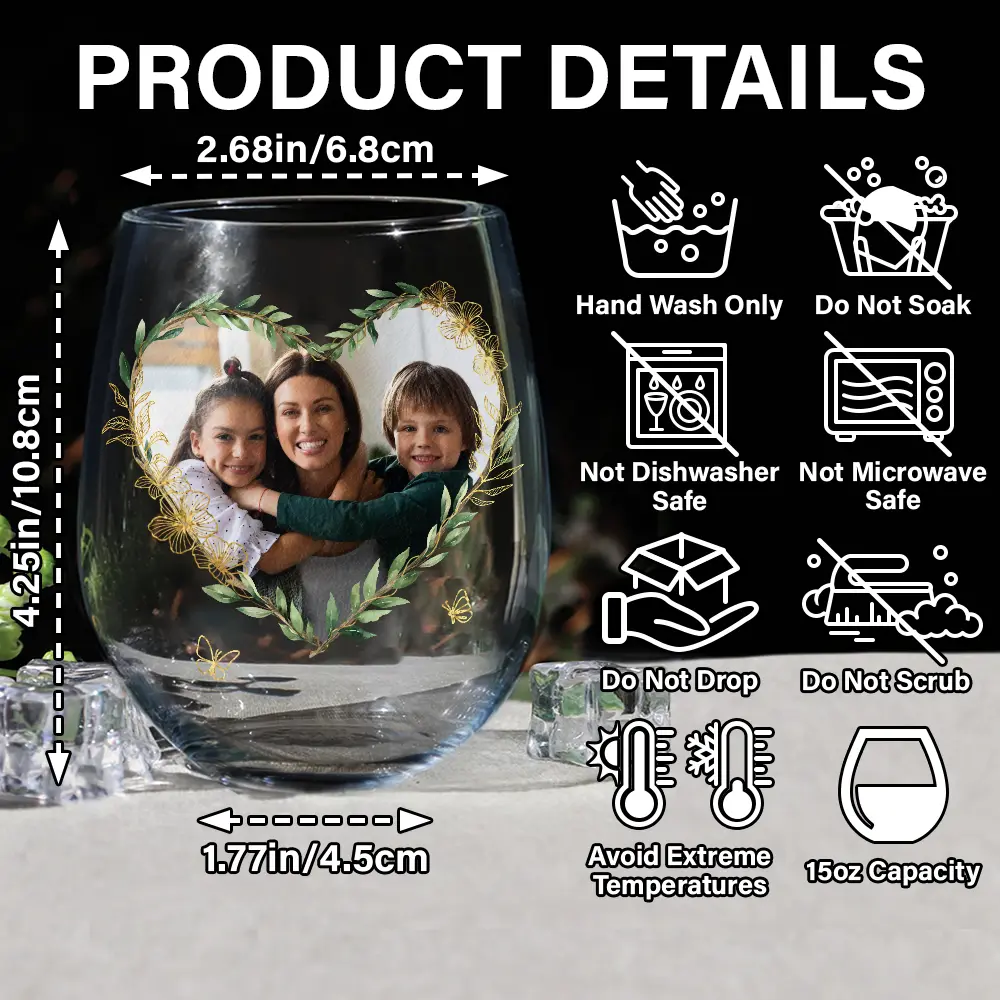 Dear Mom, Thanks for Putting Up with Me – Funny and Personalized Wine Glass with Heart-Shaped Photo, Customizable with Names, Perfect Gift for Mother’s Day or Family Celebration - Image 4