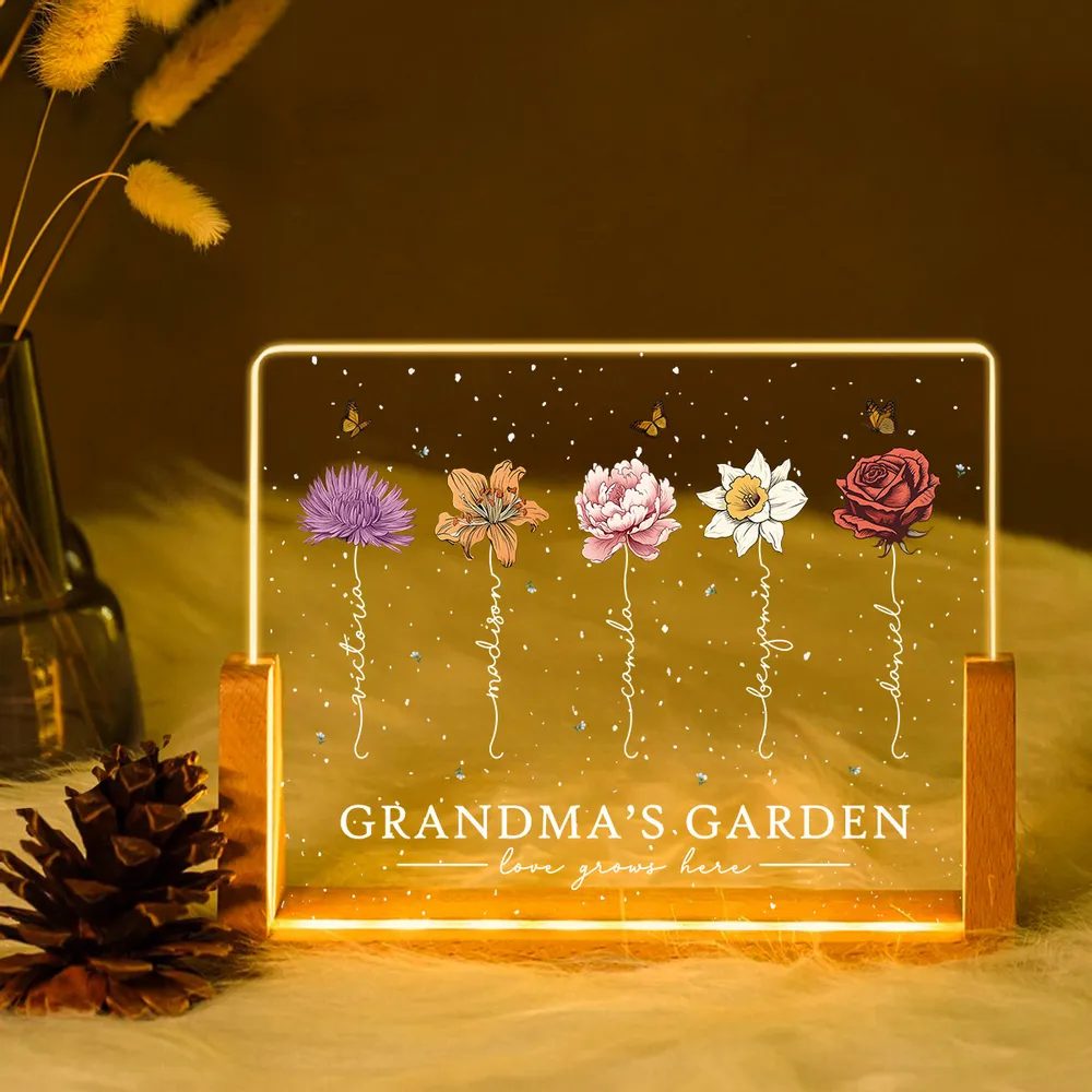 Custom LED Frame Poster - Birth Month Flower Art with Grandkids' Names - Image 9