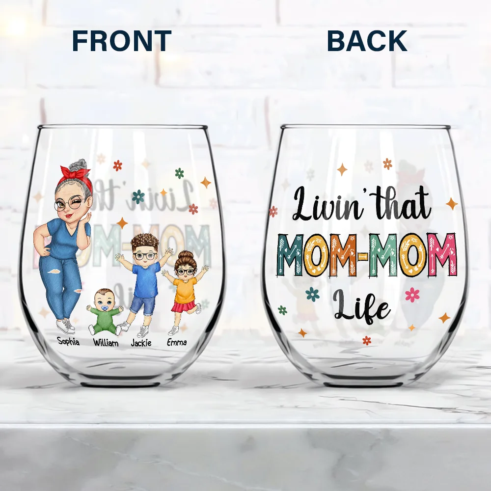 Living That Grandma Life – Custom Wine Glass with Grandma Illustration and Grandkids' Names, Perfect Mother's Day Gift - Image 4