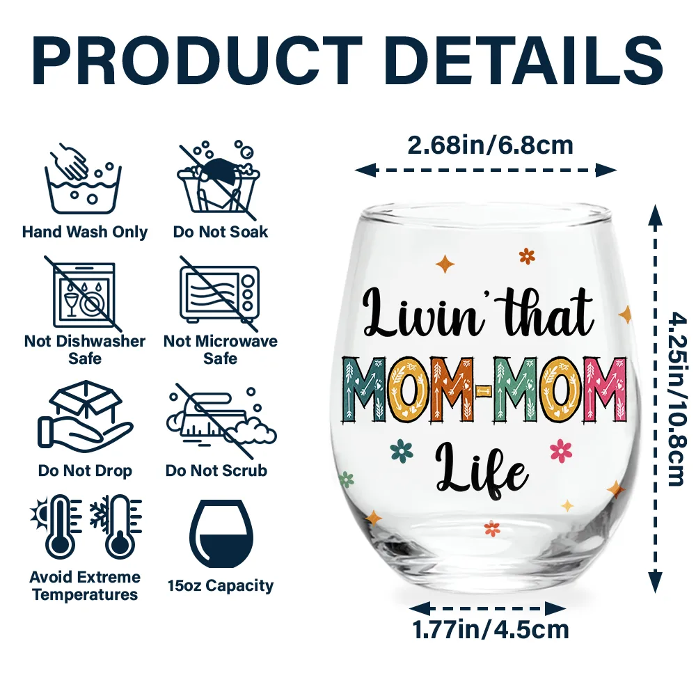 Living That Grandma Life – Custom Wine Glass with Grandma Illustration and Grandkids' Names, Perfect Mother's Day Gift - Image 5