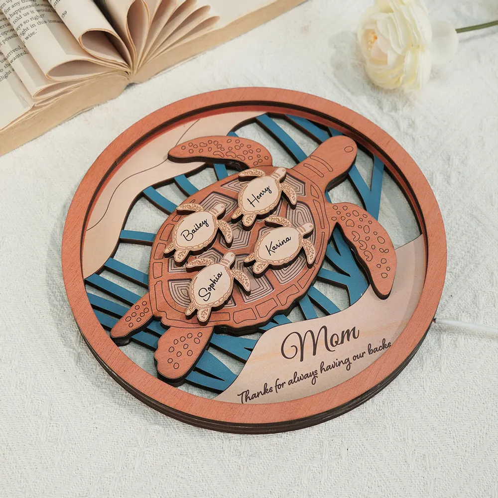 Customized 3-Layer Wooden Sea Turtle Plaque with LED – Family Gift for Mom and Grandma - Image 4
