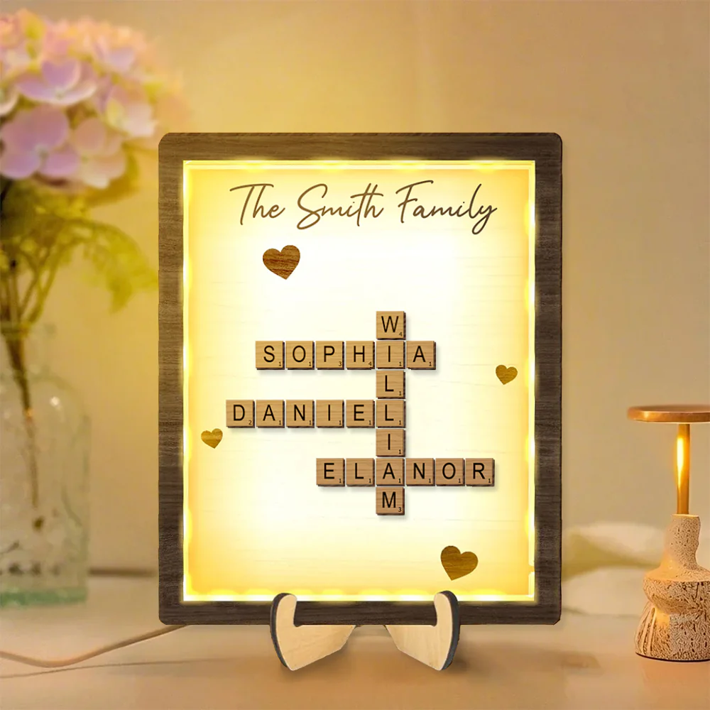 Personalized Family LED Plaque – 2-Layer Wooden Family Crossword Art – Deal Gift for Families