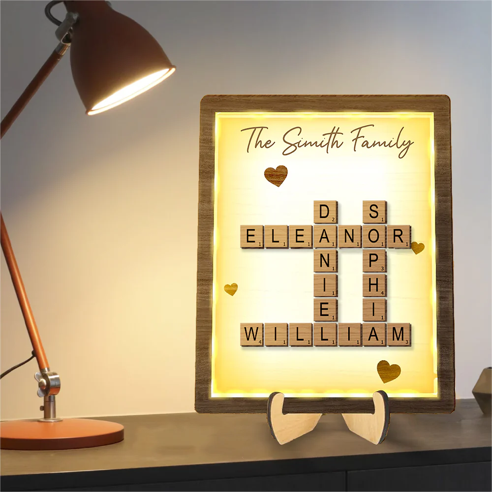 Personalized Family LED Plaque – 2-Layer Wooden Family Crossword Art – Deal Gift for Families - Image 2