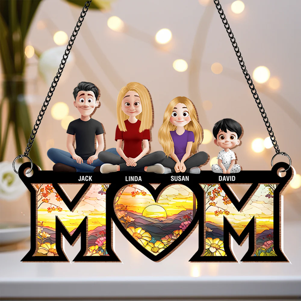 Personalized Wood and Acrylic Layered Ornament – Custom 'MOM' Hanging Ornament with Names of Children – Unique Gift for Mother’s Day, Birthdays, or Special Occasions
