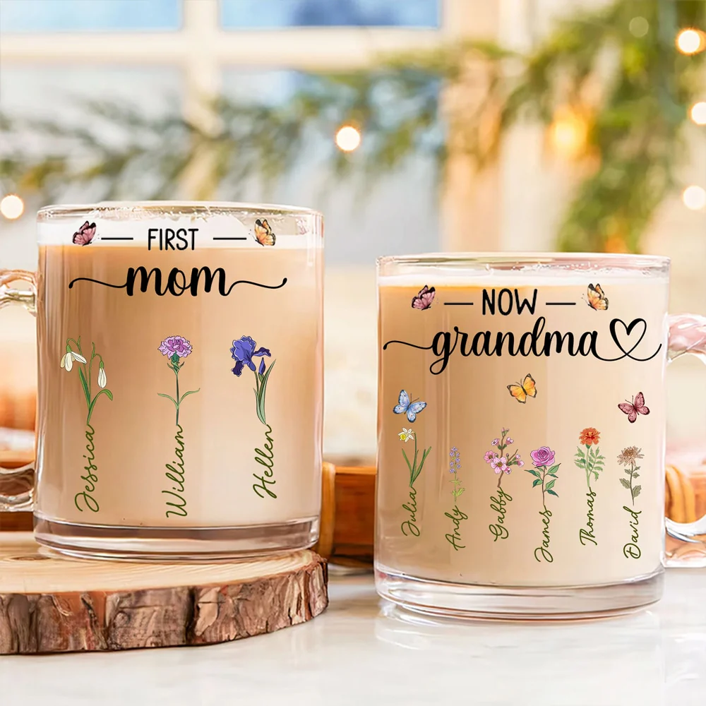 First Mom, Now Grandma – Personalized Glass Mug with Names and Flower Designs for Mom and Grandma, Custom Gift for Mother’s Day or Family Occasion