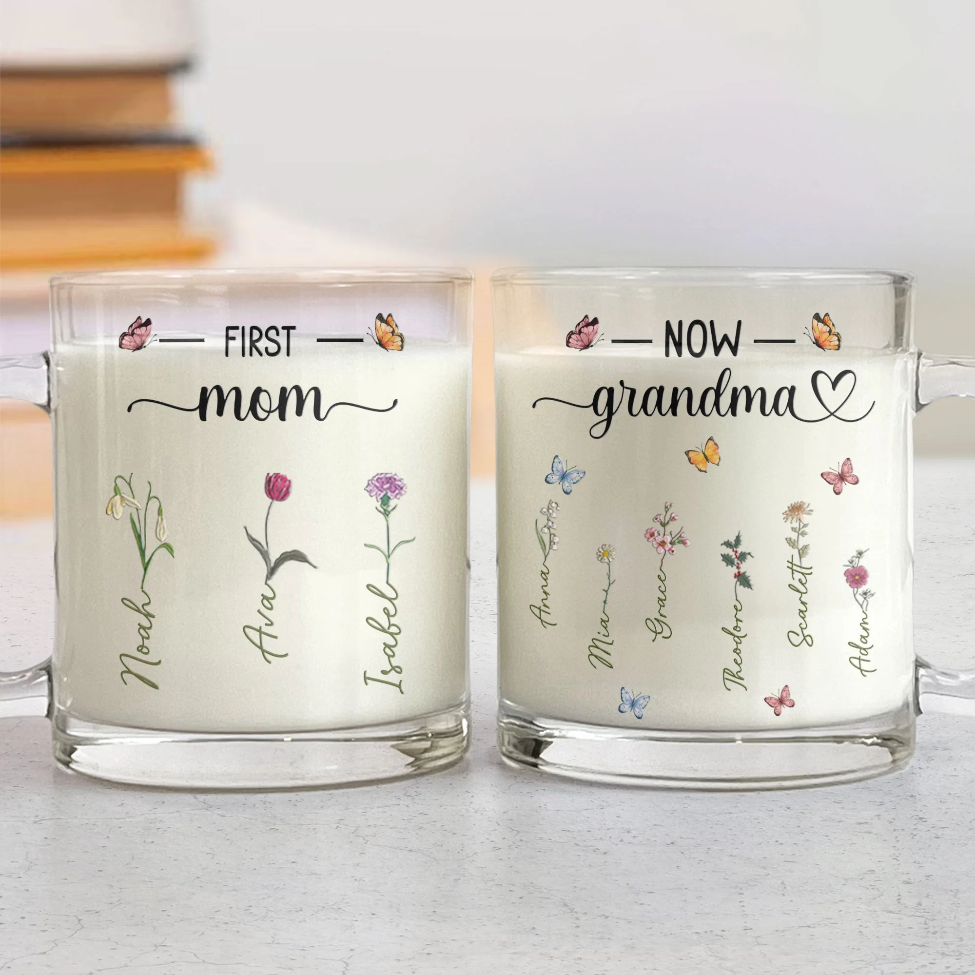 First Mom, Now Grandma – Personalized Glass Mug with Names and Flower Designs for Mom and Grandma, Custom Gift for Mother’s Day or Family Occasion - Image 5