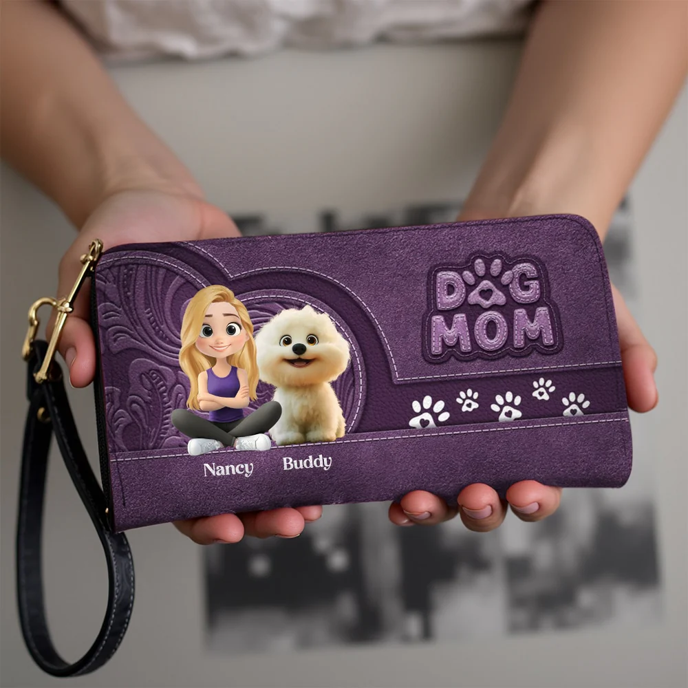 Custom Leather Long Wallet for Dog Moms β Adorable Pet Illustration with Name Personalization