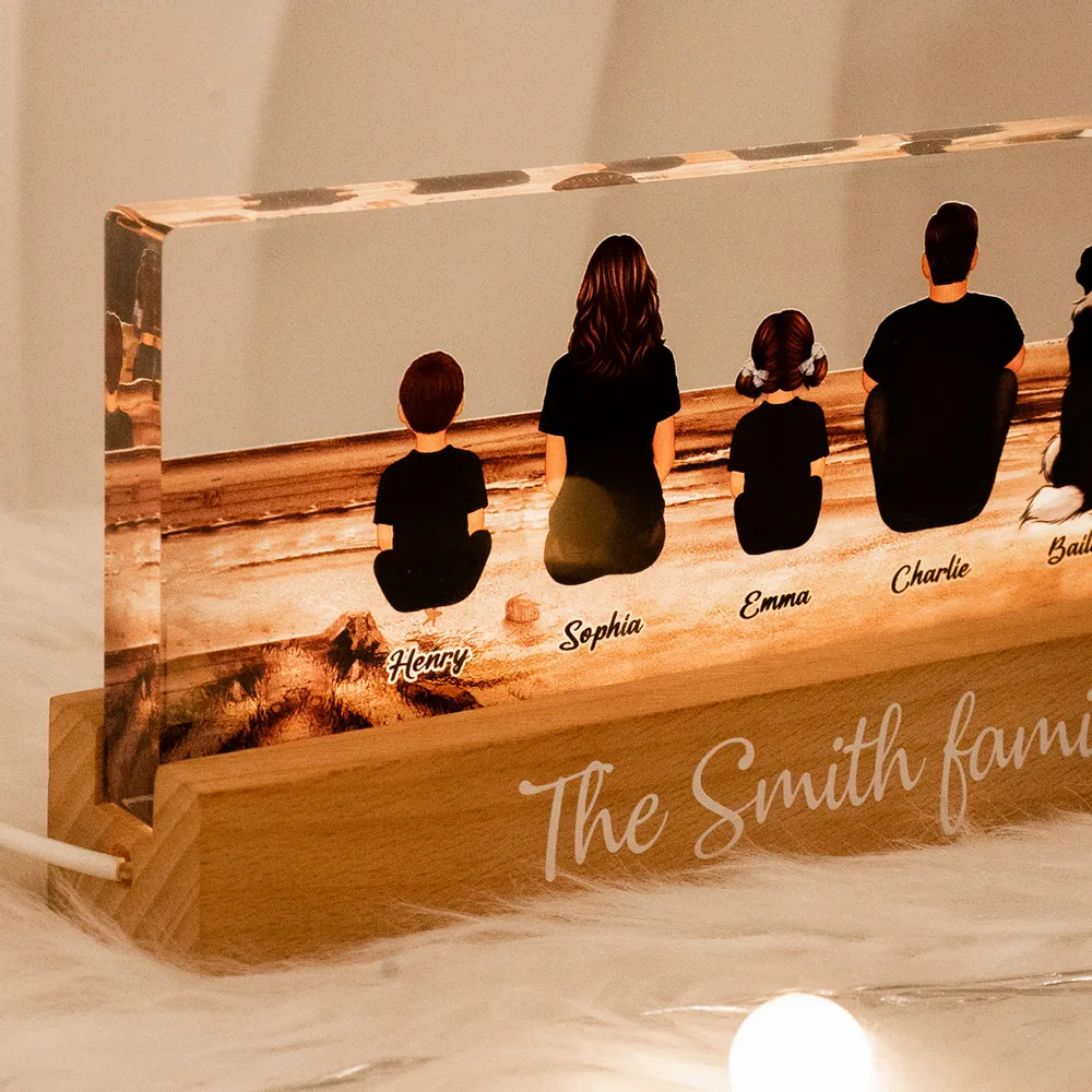 Family Sitting Back View Retro Vintage Beach Landscape - Personalized Family LED Plaque, Family Gift for Parents, Siblings & Pet Lovers - Image 5