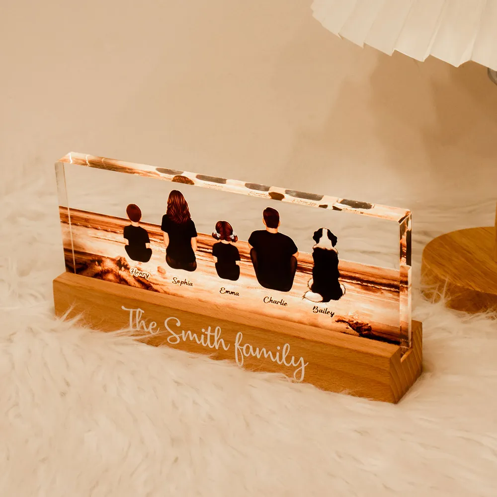 Family Sitting Back View Retro Vintage Beach Landscape - Personalized Family LED Plaque, Family Gift for Parents, Siblings & Pet Lovers - Image 7