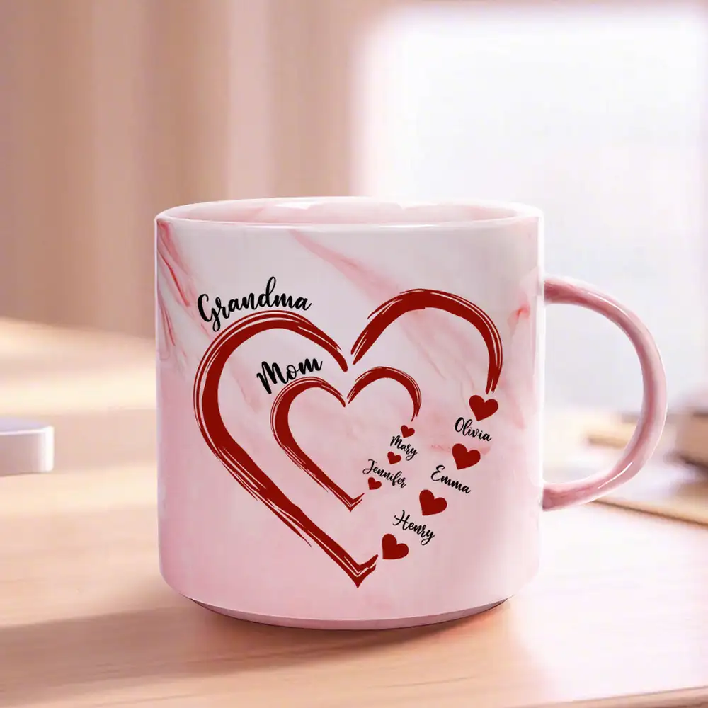 Mom Grandma Sweethearts – Personalized Marble Mug with Custom Family Names, Thoughtful Gift for Mother's Day