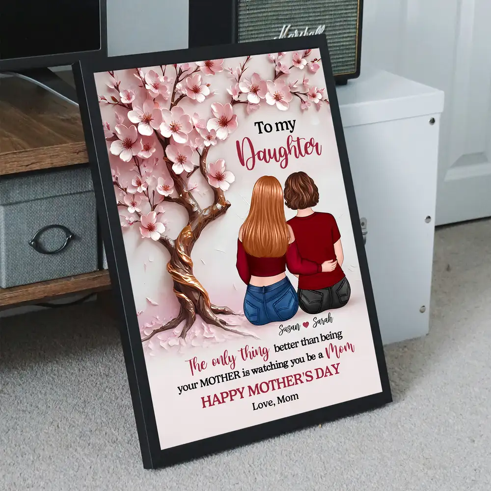 Personalized Mother & Daughter Hugging Under Cherry Blossom Tree Poster – Unframed Poster or Canvas for Mother's Day Gift - Image 3