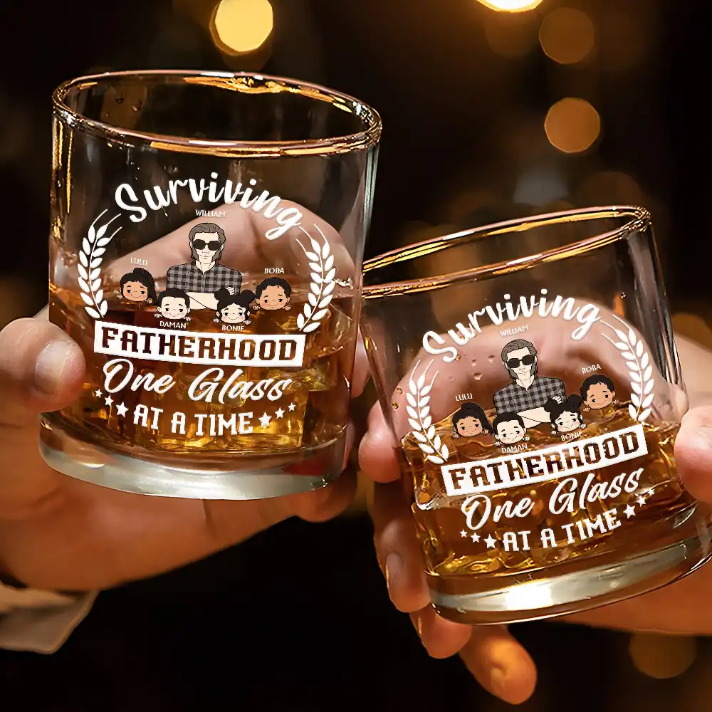 Funny Fatherhood Whiskey Glass with Family Names – Surviving Fatherhood One Glass at a Time, Ideal Father’s Day Gift - Image 6