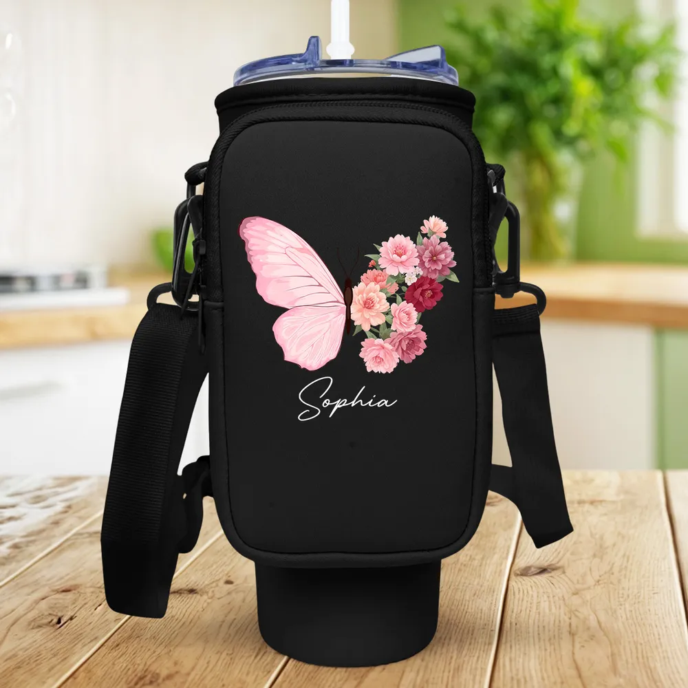 Personalized Water Bottle Carrier Bag with Butterfly & Floral Design – Custom Name, A Great Gift for Mom or Family - Image 4