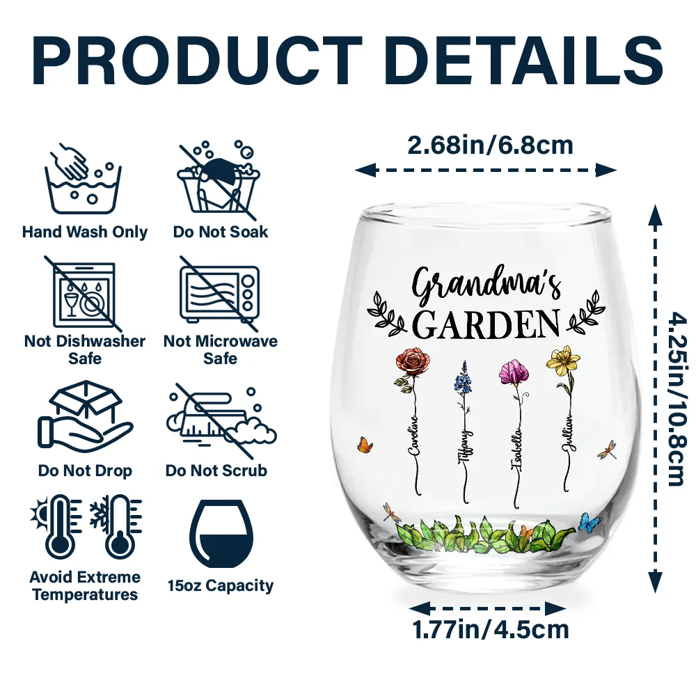 Grandma's Garden Personalized Wine Glass – Custom Floral Design with Loved Ones' Names, Ideal Mother’s Day Gift for Grandmothers, Wine Glass - Image 4