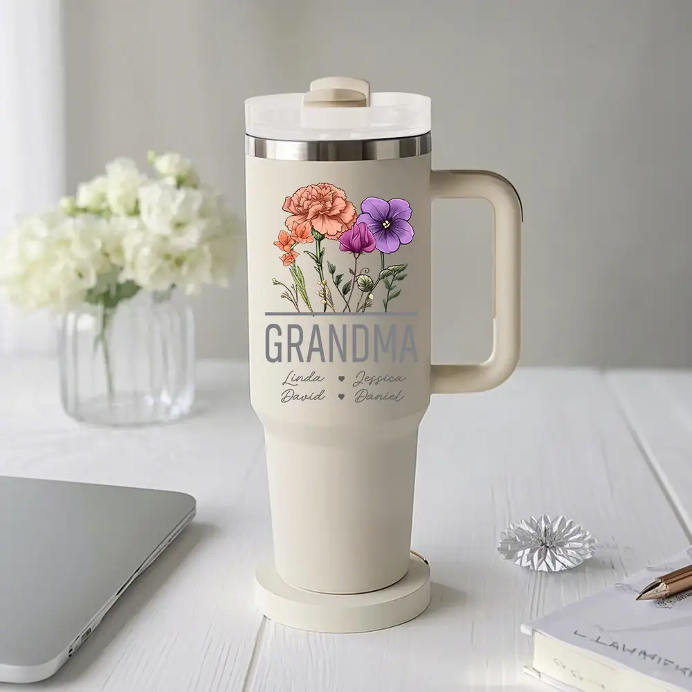 Floral 40oz Tumbler with Handle – Custom Gift for Nana, Perfect for Mother’s Day