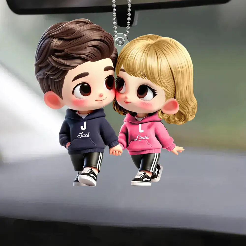 Personalized Couple Acrylic Car Hanger – Cute Lovers in Hoodies, Perfect Gift for Anniversary or Valentine’s Day