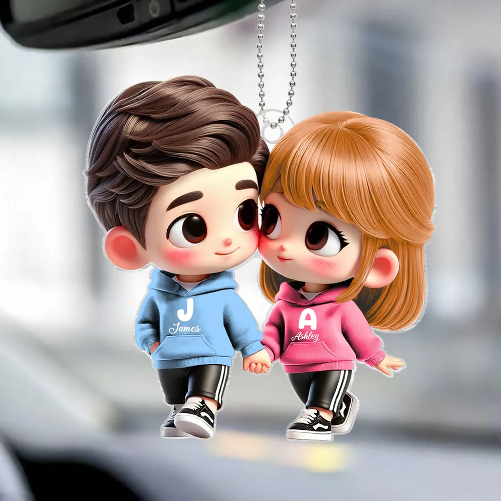 Personalized Couple Acrylic Car Hanger – Cute Lovers in Hoodies, Perfect Gift for Anniversary or Valentine’s Day - Image 3