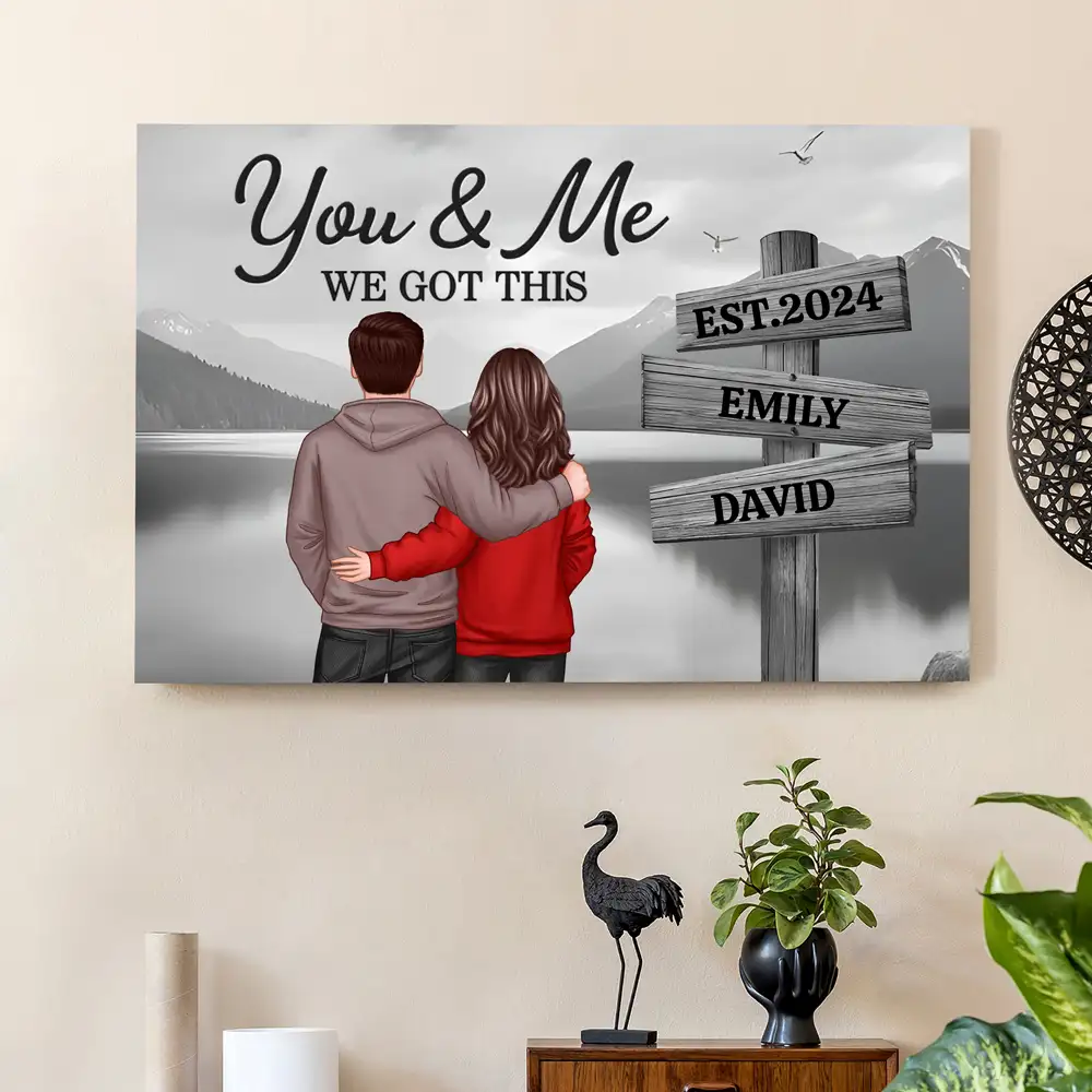 Couple Hugging At Lake Dock – Custom Couple Poster with Your Names – Gift for Lovers