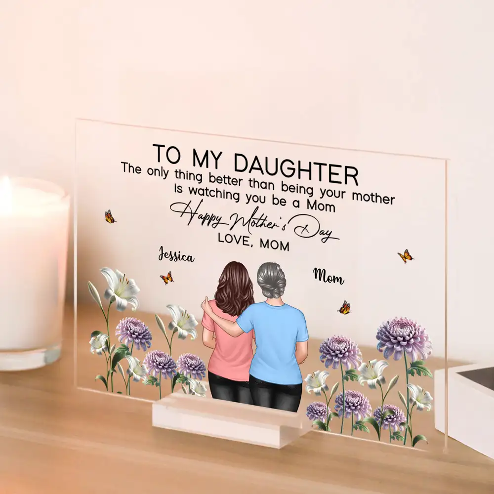 To My Daughter – Happy Mother's Day Acrylic Plaque with Hug Scene and Birth Month Flowers, Gift from Mom - Image 3