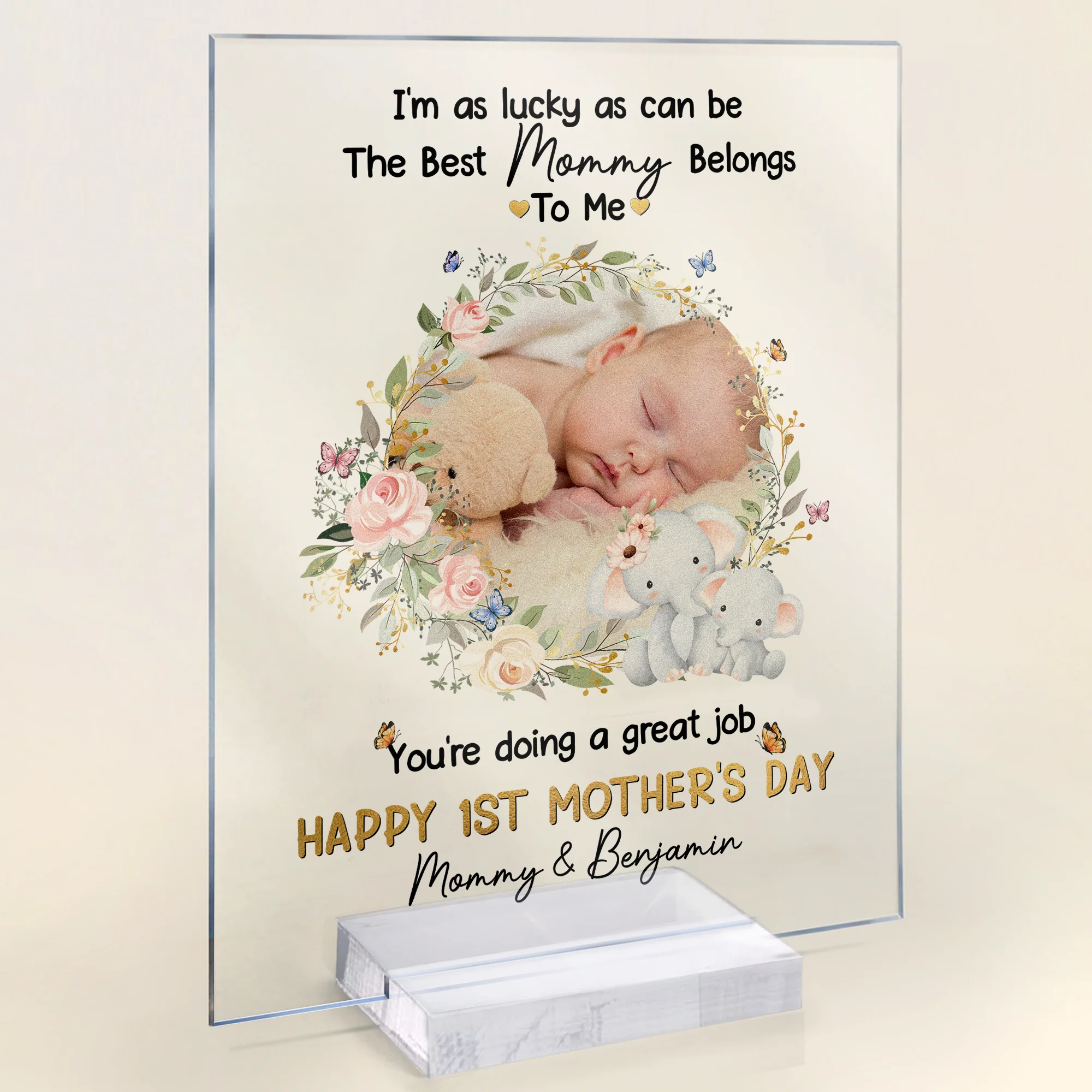 Personalized Baby Plaque with Sweet Floral Elephants Design - Image 7