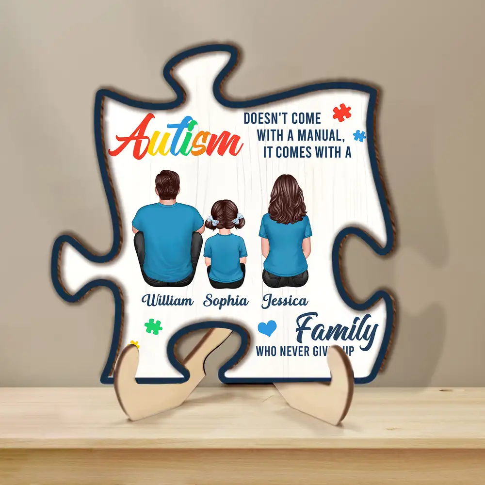 2-Layer Wooden Puzzle Plaque – Autism Family Quote “Family Who Never Gives Up” – Custom Parent & Child Back View Gift - Image 2