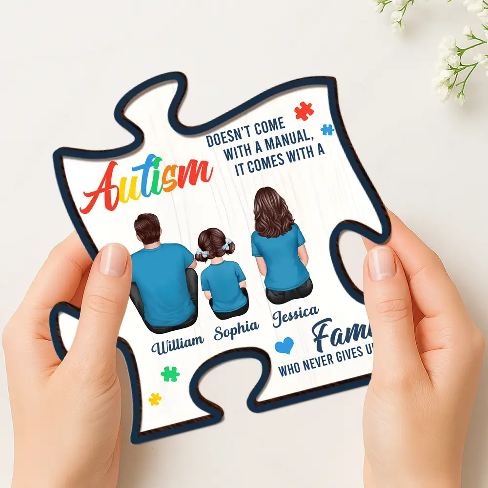 2-Layer Wooden Puzzle Plaque – Autism Family Quote “Family Who Never Gives Up” – Custom Parent & Child Back View Gift - Image 3