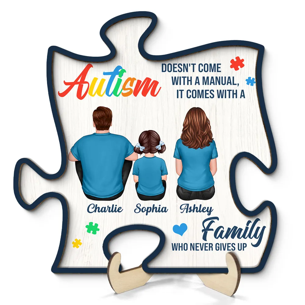 2-Layer Wooden Puzzle Plaque – Autism Family Quote “Family Who Never Gives Up” – Custom Parent & Child Back View Gift - Image 4