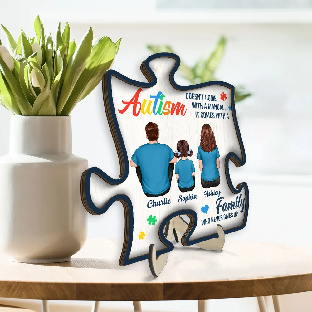 2-Layer Wooden Puzzle Plaque – Autism Family Quote “Family Who Never Gives Up” – Custom Parent & Child Back View Gift - Image 5