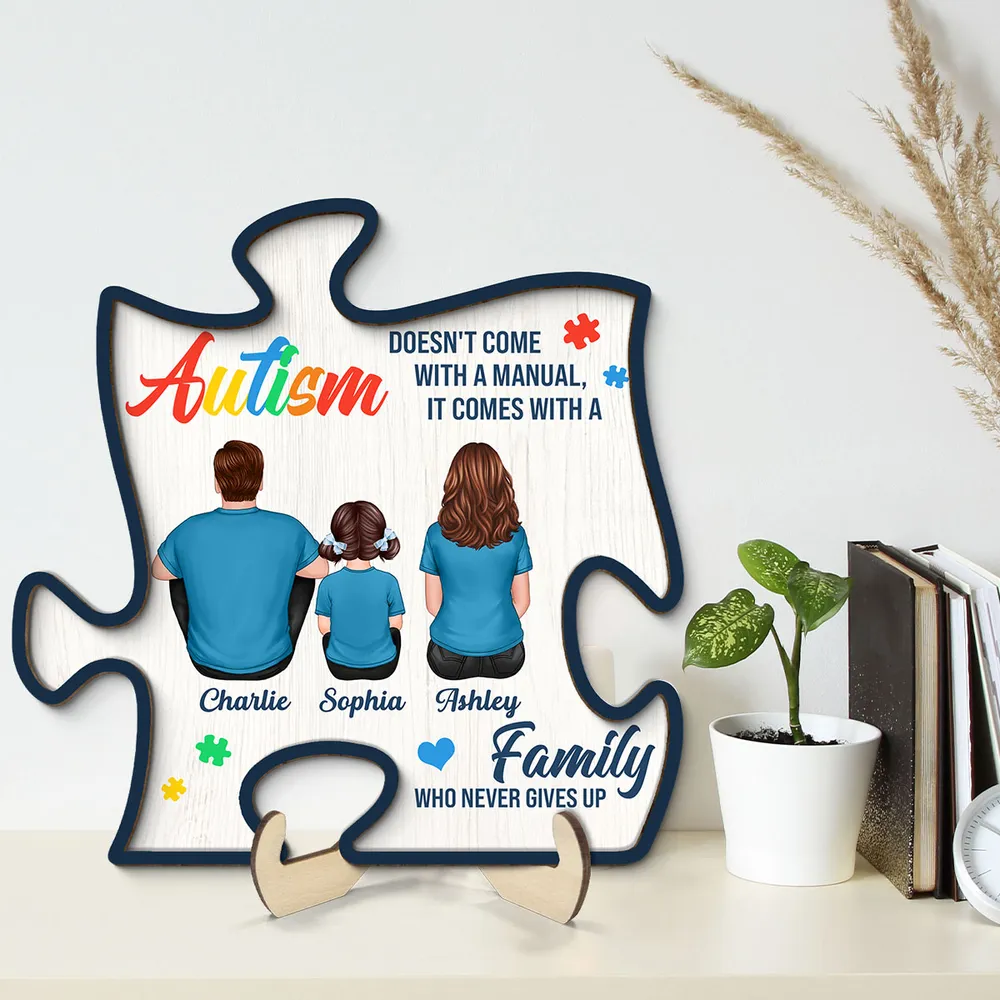 2-Layer Wooden Puzzle Plaque – Autism Family Quote “Family Who Never Gives Up” – Custom Parent & Child Back View Gift - Image 8