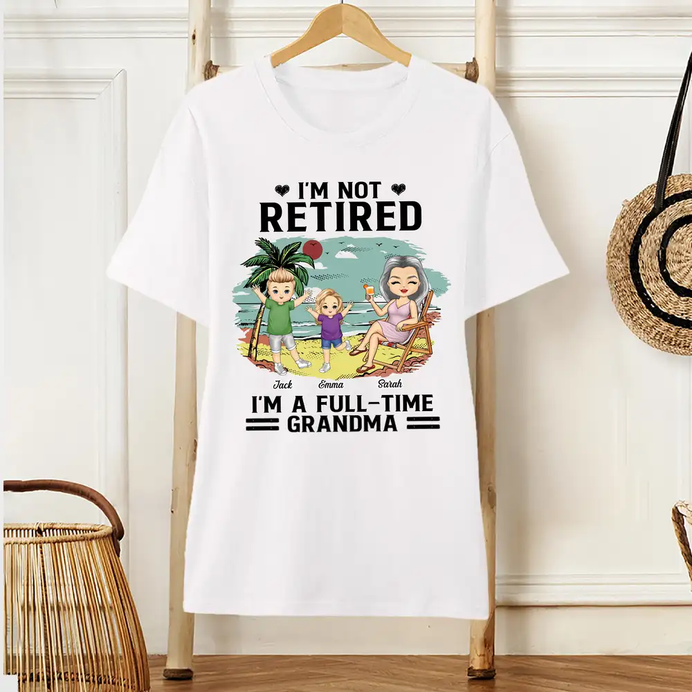 Full-Time Grandma on Vacation Classic Tee – Personalized Family Shirt with Names and Tropical Scene