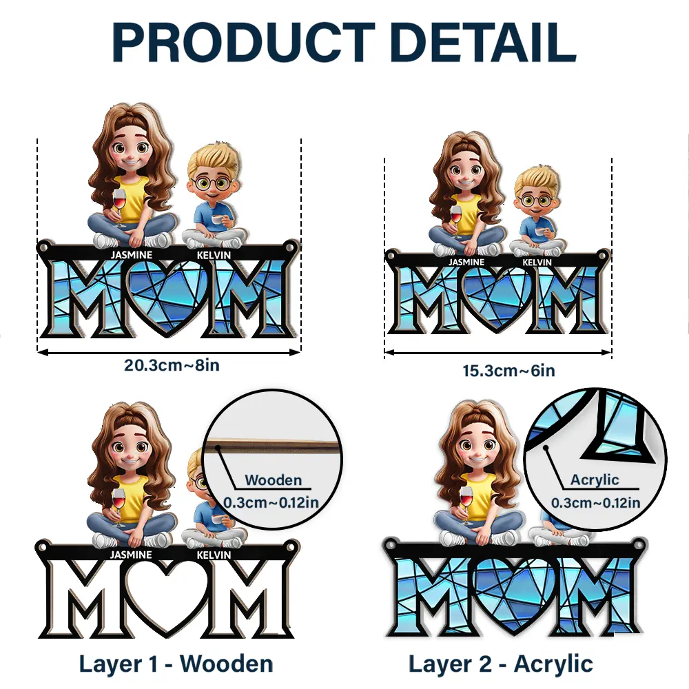 Personalized MOM Ornament with Family Figures – Custom Wood and Acrylic Layered Keepsake Gift - Image 4