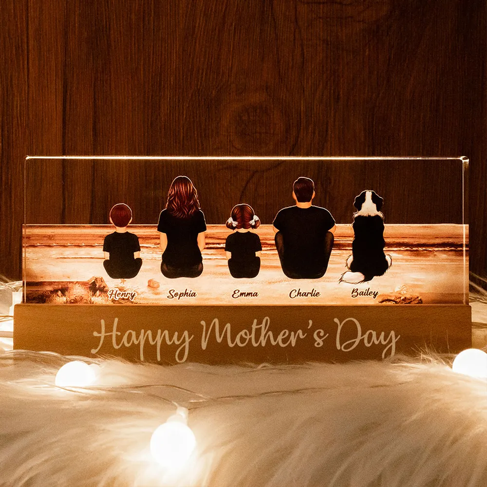 Family Sitting Back View Retro Vintage Beach Landscape Block LED Light Plaque, Mother's Day Gift Featuring Children and Pets - Image 2