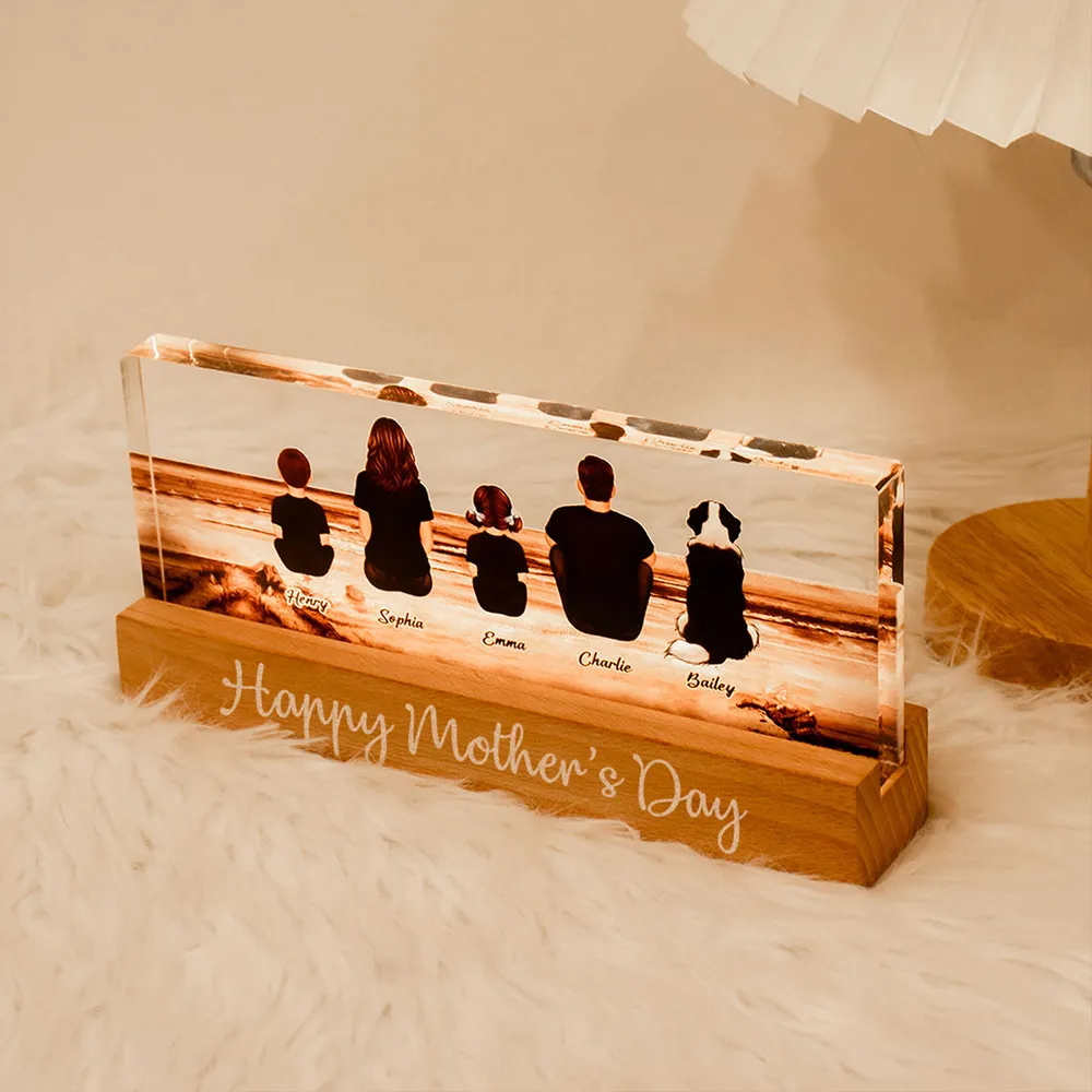 Family Sitting Back View Retro Vintage Beach Landscape Block LED Light Plaque, Mother's Day Gift Featuring Children and Pets - Image 6
