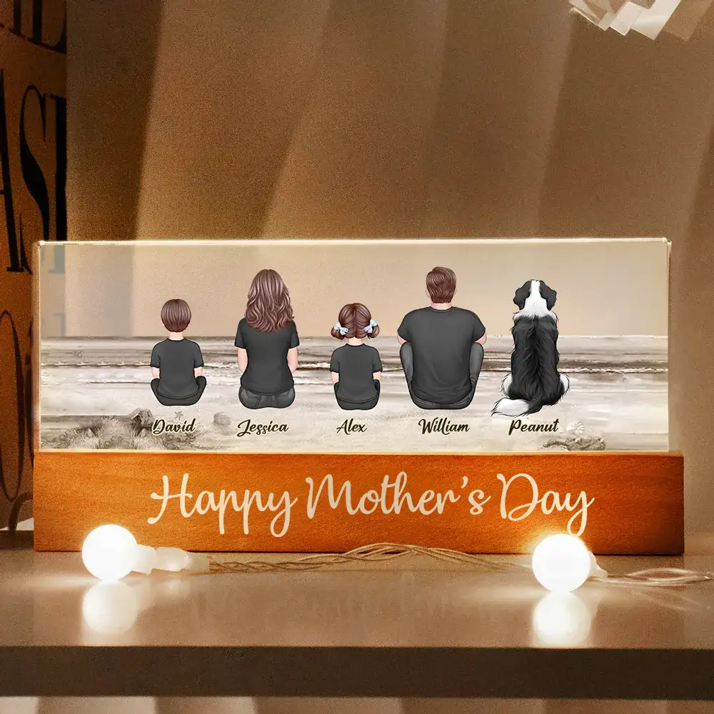 Family Sitting Back View Retro Vintage Beach Landscape Block LED Light Plaque, Mother's Day Gift Featuring Children and Pets - Image 8