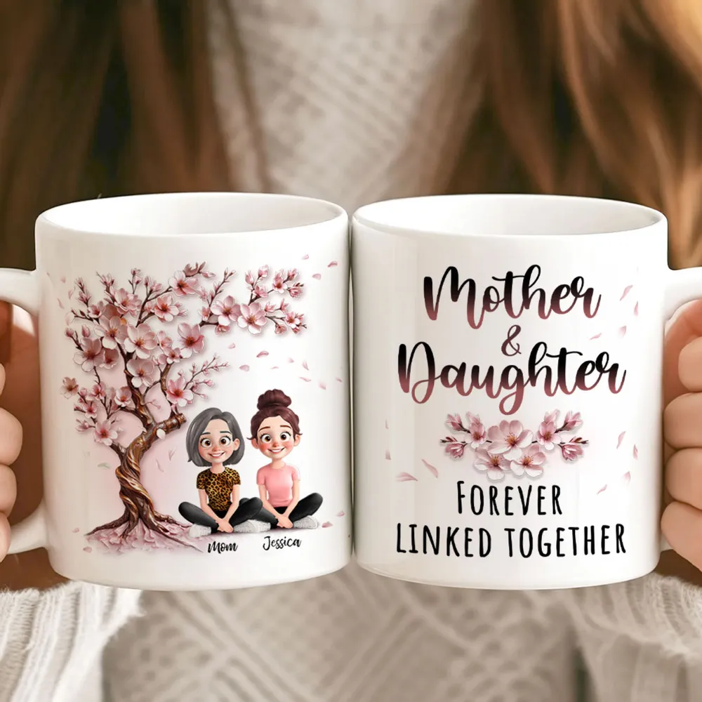 Cherry Blossom Mug with Mother & Daughter Cartoon, Personalized Gift - Image 2