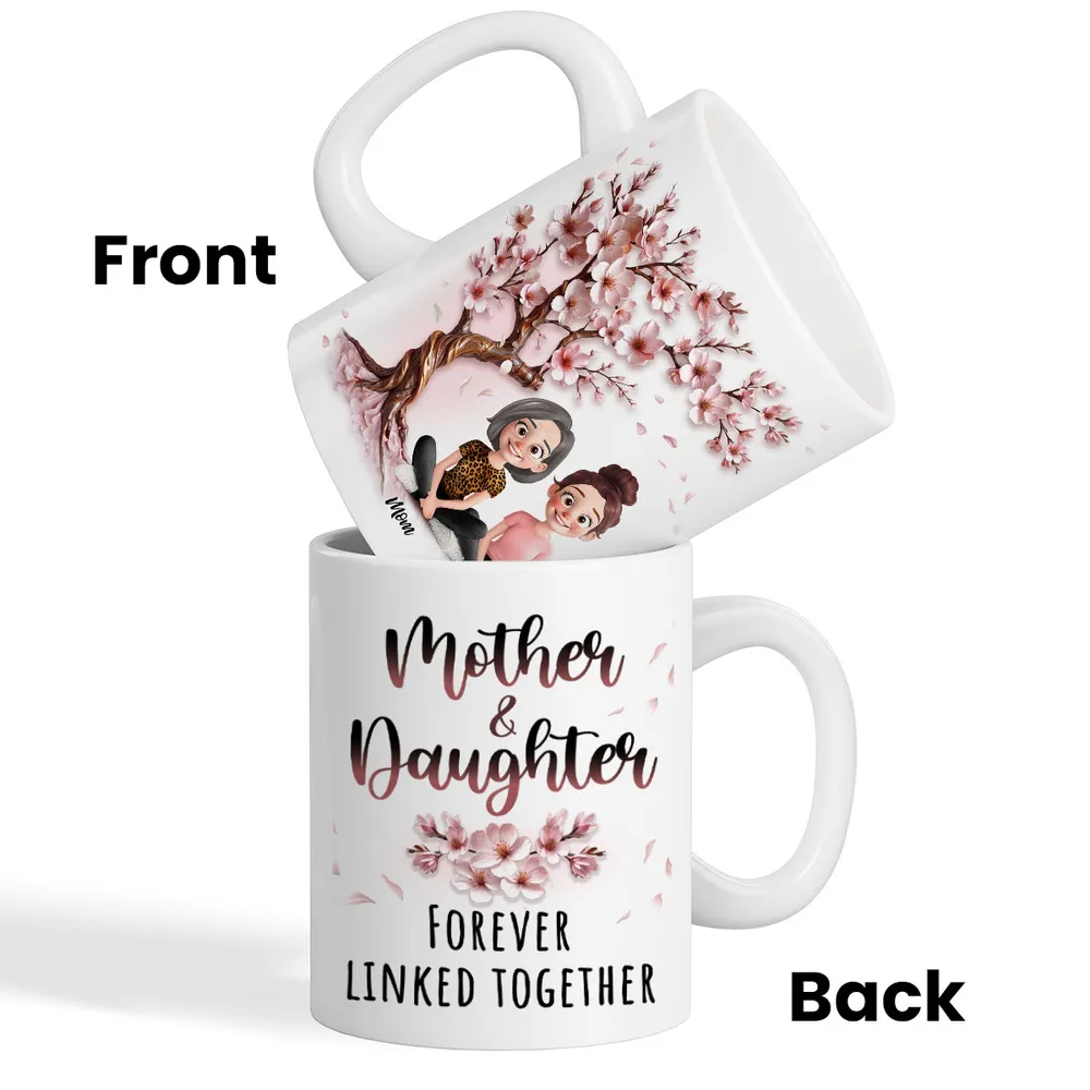 Cherry Blossom Mug with Mother & Daughter Cartoon, Personalized Gift - Image 3