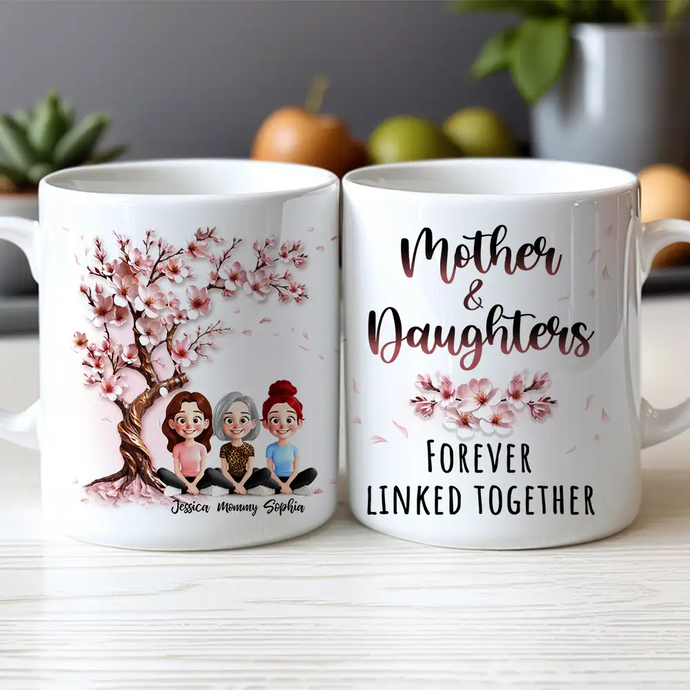 Cherry Blossom Mug with Mother & Daughter Cartoon, Personalized Gift - Image 4