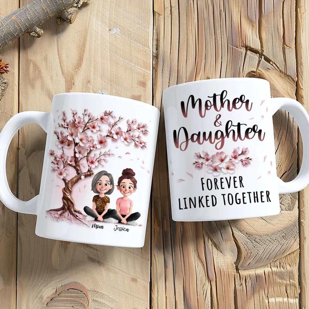 Cherry Blossom Mug with Mother & Daughter Cartoon, Personalized Gift - Image 6