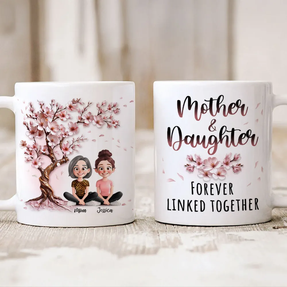 Cherry Blossom Mug with Mother & Daughter Cartoon, Personalized Gift - Image 7