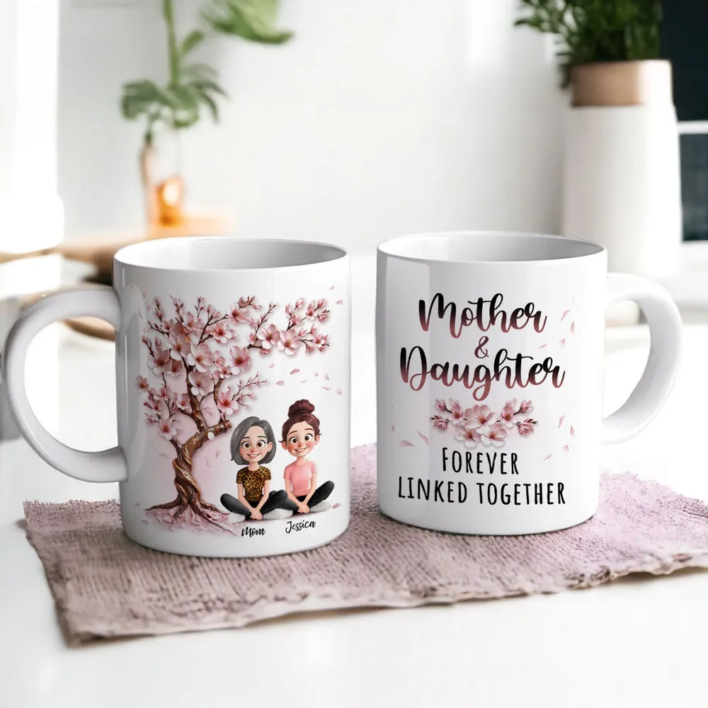 Cherry Blossom Mug with Mother & Daughter Cartoon, Personalized Gift - Image 8