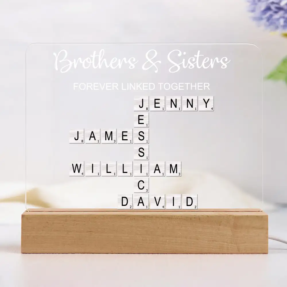 LED Light Plaque – Brothers & Sisters Crossword Names, “Forever Linked Together” Personalized Sibling Gift - Image 4