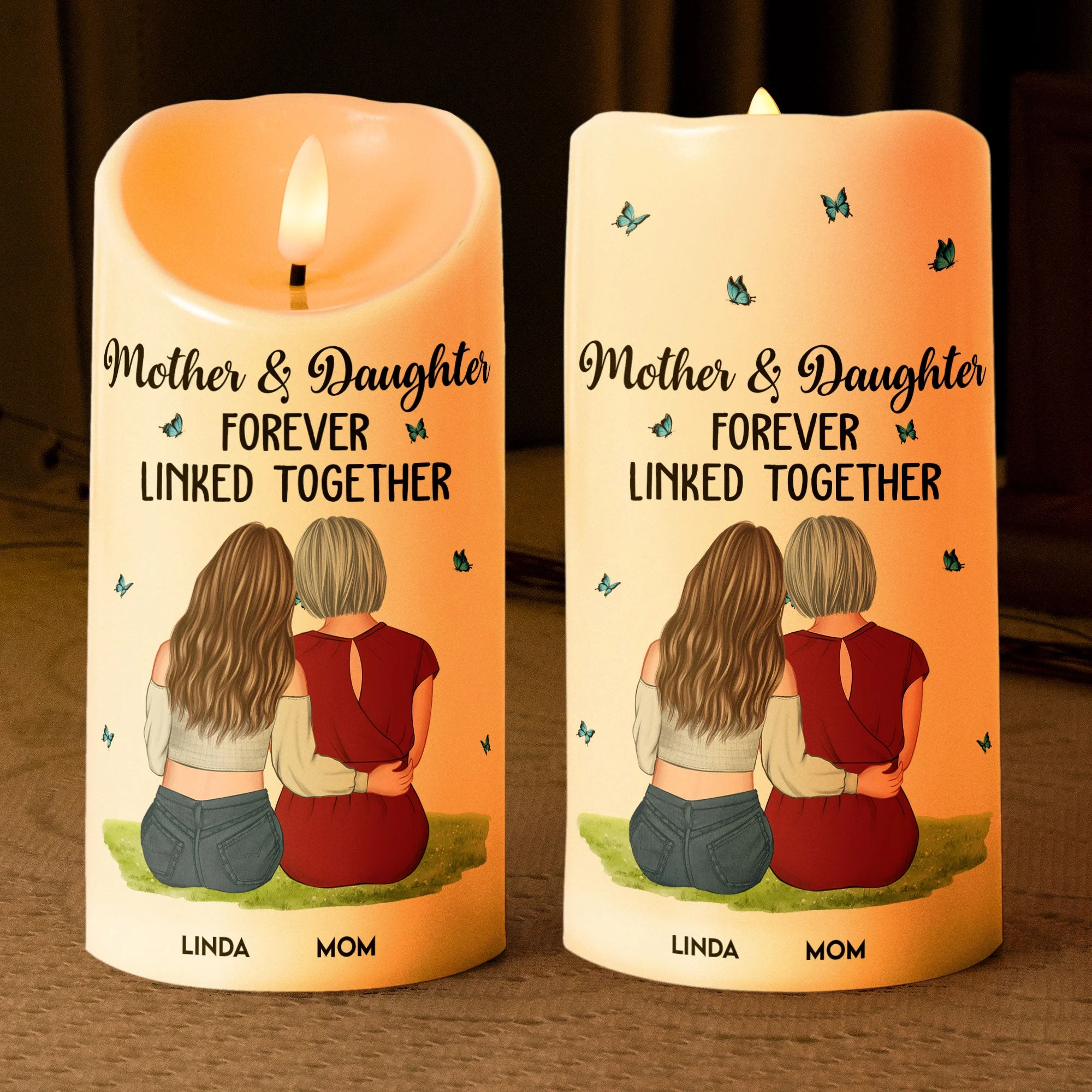Flameless LED Candle – Mother & Daughter Back‑Hug Art, “Forever Linked Together” Personalized Light - Image 4