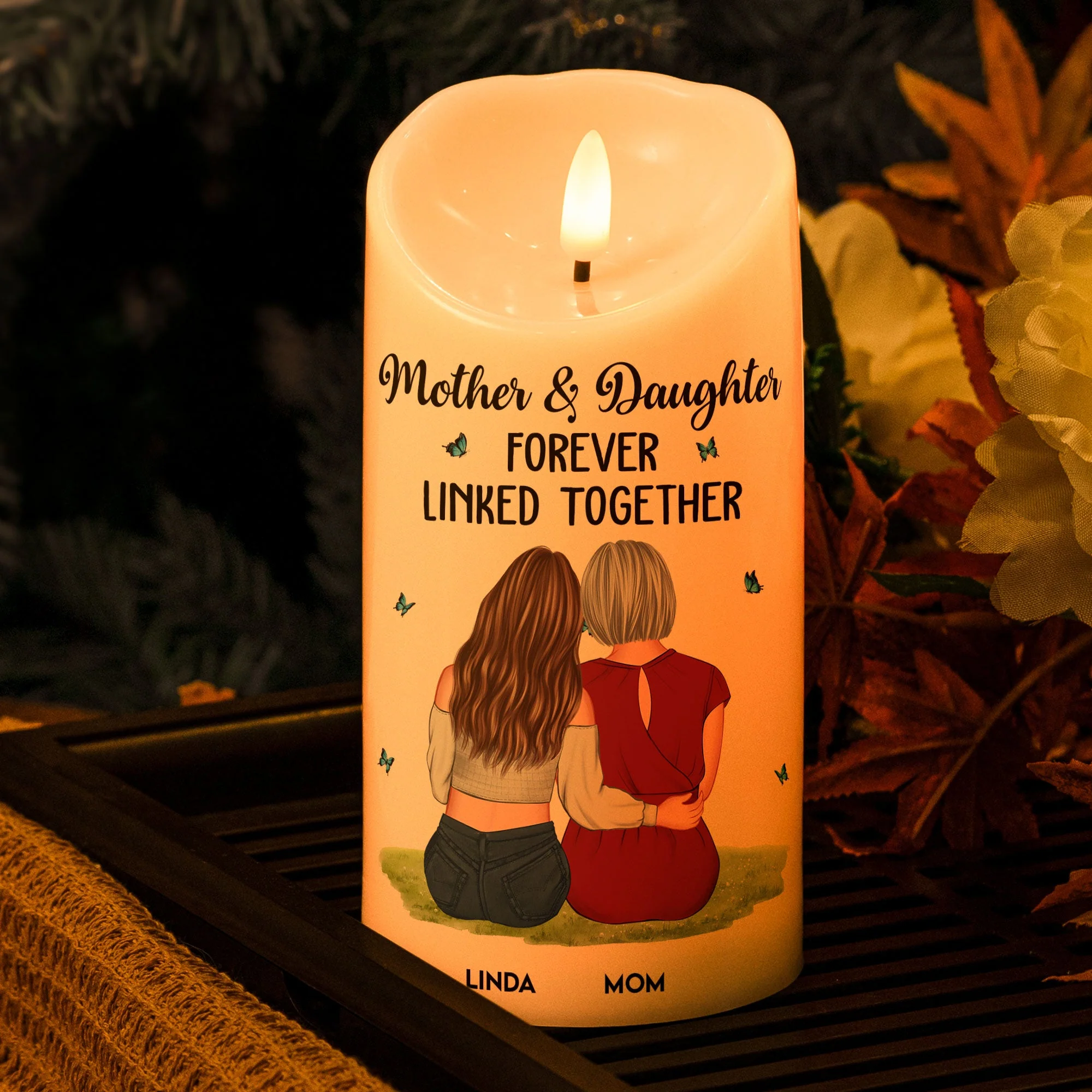 Flameless LED Candle – Mother & Daughter Back‑Hug Art, “Forever Linked Together” Personalized Light - Image 5