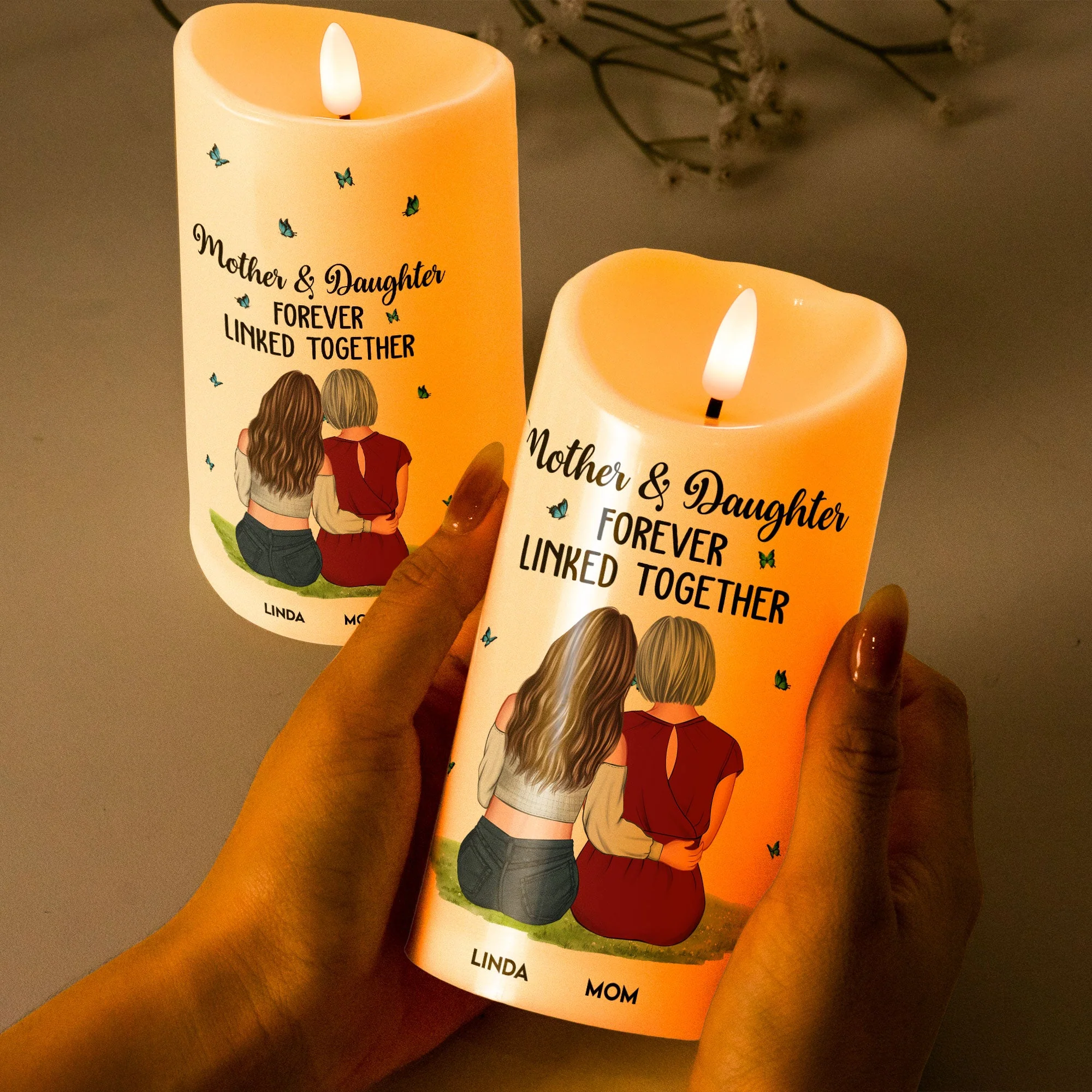 Flameless LED Candle – Mother & Daughter Back‑Hug Art, “Forever Linked Together” Personalized Light - Image 6